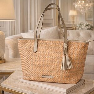 Massimo Dutti Woven Leather Tote with Tassel Shoulder Bag Beige Purse